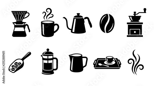 Coffee Shop and Barista Brewing Equipment Vector Icons