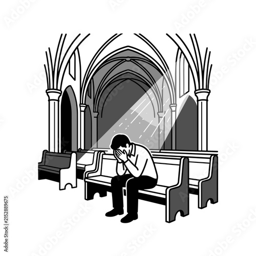 Man sitting alone in church feeling sad and depressed.