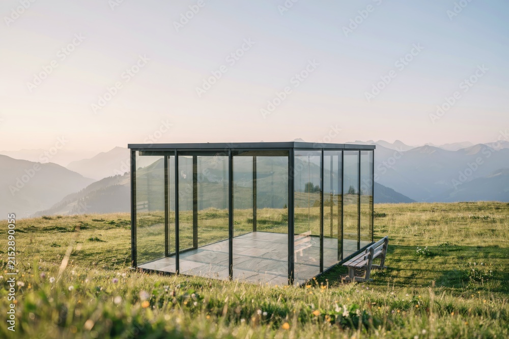 Fototapeta premium Glass cube structure standing on a grassy mountain meadow with a wooden bench, distant mountain peaks, and a clear sky during the sunset