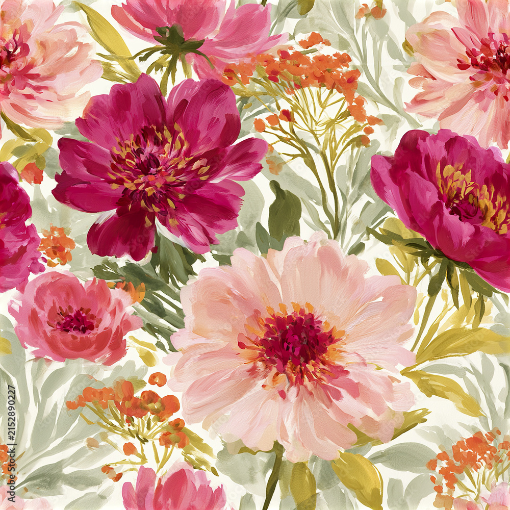 Fototapeta premium Bright floral pattern with radiant magenta and soft pink flowers, lush green leaves, and delicate orange accents creating
