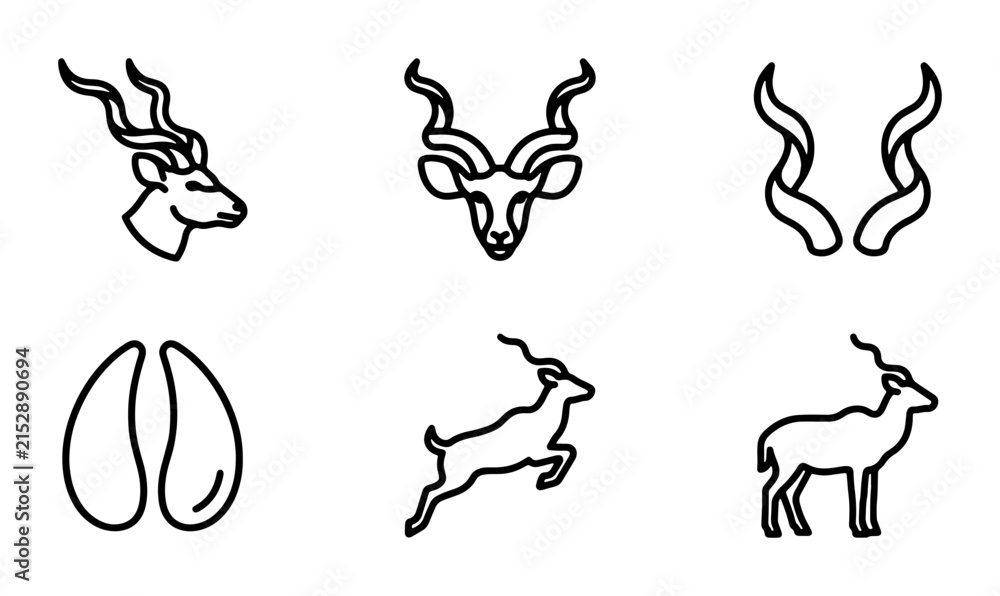 Obraz premium Antelope Icons Set: Kudu Horns, Hooves, Jumping & Standing Wildlife Vector Graphics