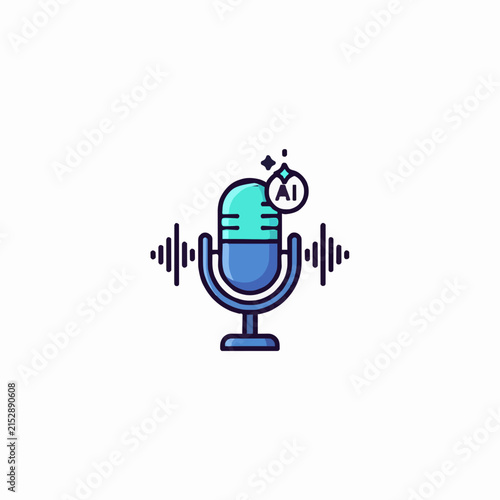 Blue microphone icon with sound waves and an AI symbol representing artificial intelligence voice recording technology.