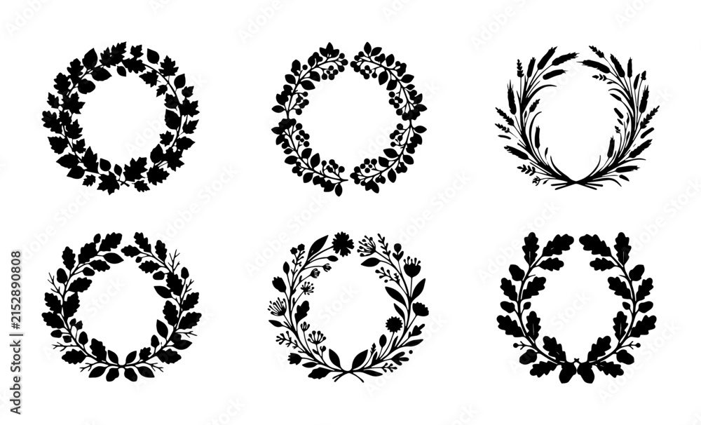 Fototapeta premium Set of Six Black Silhouette Laurel Wreaths, Decorative Floral Circles, Vintage Award Emblems, Vector Graphic Elements