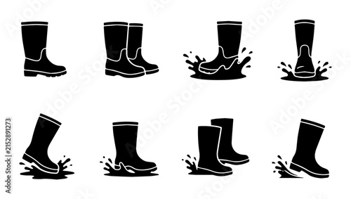 Black Rubber Boots, Rain Boots, Waterproof Footwear Icons Set, Wet Mud Splashes, Outdoor Activity Collection