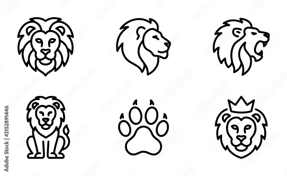 Fototapeta premium Lion Icons Set, Majestic King of Jungle Vector Graphics, Animal Symbol Collection, Wild Cat Emblems
