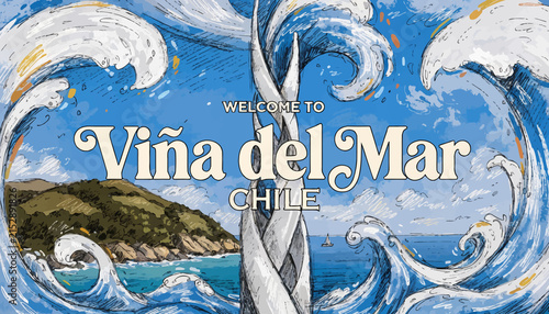 Welcome to Vi?a del Mar, Chile - Coastal City with Ocean Waves and Green Hills