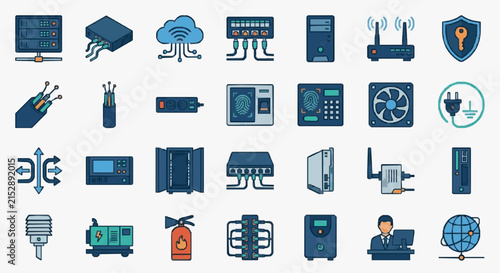 Elegant Collection of Modern Data Center and IT Infrastructure Icons in Blue and Gray Color Scheme