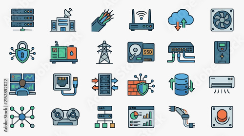 Sleek Collection of Modern Minimalist Icons Featuring IT Infrastructure Data Storage Security and Networking Elements in Blue Gray and Green