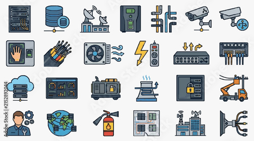 Minimalist Illustrated Icons Set Featuring IT Infrastructure Security Maintenance and Networking Equipment in Flat Design