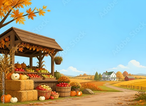 Autumn Countryside Farmers Market with Rustic Produce Stand and Golden Fields, Flat Vector Landscape