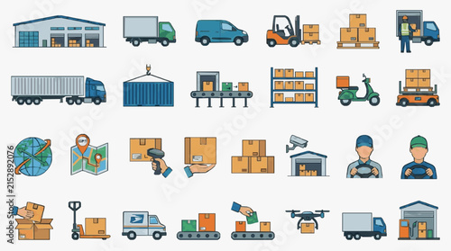 Modern Colorful of Comprehensive Logistics and Supply Chain Management Process with high quality professional line art symbols for modern creative design and digital branding projects