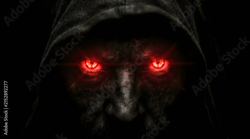 Scary hooded figure with glowing red eyes in the dark illustration