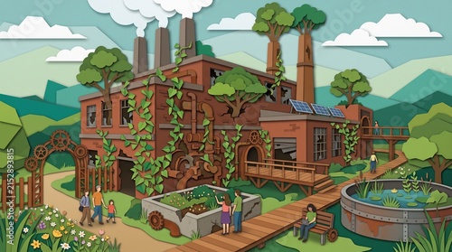 A powerful visual metaphor for environmental regeneration, depicting the adaptive reuse of an abandoned industrial factory transformed into a thriving city eco-park. Lush, origami-style vines and tree