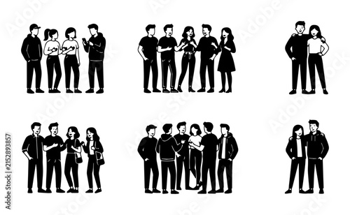 Diverse Group Silhouettes, Modern People Icons, Casual Friends Collection, Vector People Set