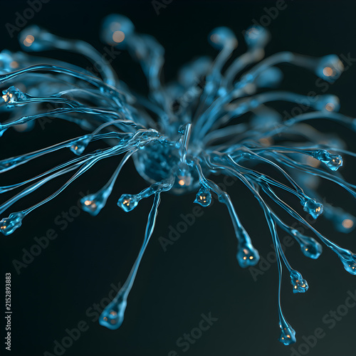 Cybernetic 3D tracking system with translucent blue data streams diverging from central hub to collector nodes, dark minimalist background, overhead lighting, copy space
