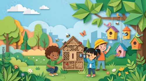 Children Observing Urban Wildlife Micro Habitat Papercut Vector