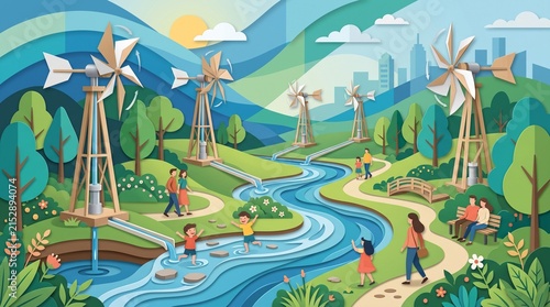The scene features graceful, wind-powered kinetic water pumps that feed a flowing stream within a vibrant urban park. Fictional citizens interact with the sustainable water feature, while the layered 