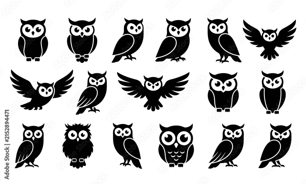 Naklejka premium Minimalist owl silhouette icons, set of 18 black bird vector graphics, flat wild animal symbols for logo design and branding