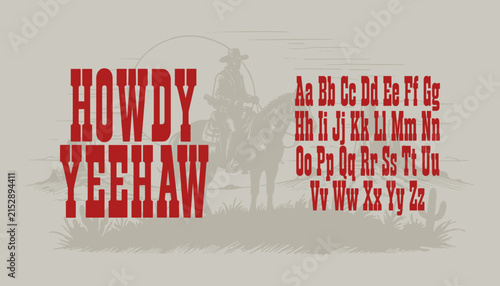 Cowboy slab serif font with rustic desert landscape for western branding and posters