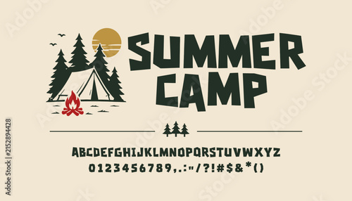 Vintage Summer Camp Display Font with Outdoor Adventure Illustration