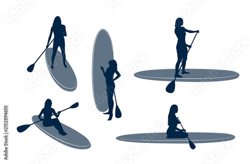 A set silhouettes of women sailing on sup boards.
