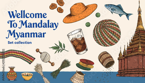 Welcome to Mandalay, Myanmar: Collection of cultural icons, travel elements, and local symbols in a vibrant illustration.