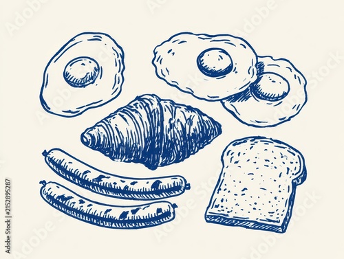 Hand drawn breakfast food set including fried eggs, croissant, sausages and toast bread
