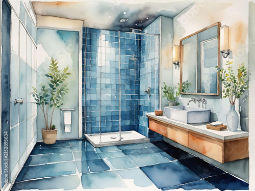 watercolor illustration with bathroom interior