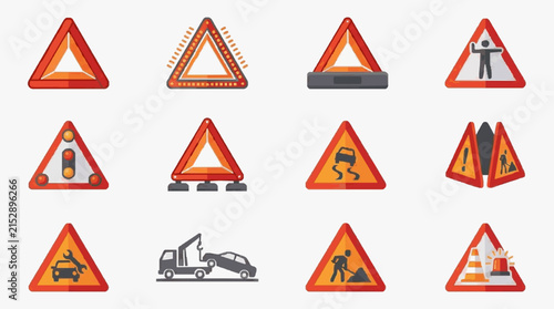 Modern Collection of Bright Orange and Red Road Warning Signs and Traffic Cones with Various Safety Icons