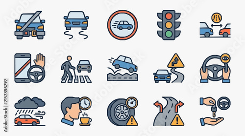 Creative Flat Set of 15 Common Driving Scenarios and Safety Tips with Colorful Vehicles and Icons