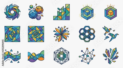 Professional Abstract Geometric Art Collection with Vibrant Colors Polyhedrons Knots and Fractal Patterns