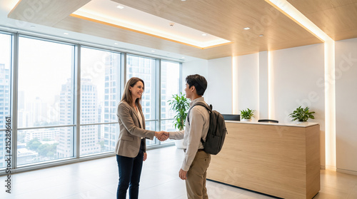 Smiling businesswoman shaking hands with young male visitor carrying backpack standing beside wooden reception counter inside bright modern corporate office lobby