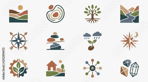 Modern Minimalist Flat Set of Earth Nature and Adventure Icons with Earthy Colors and Clean Lines