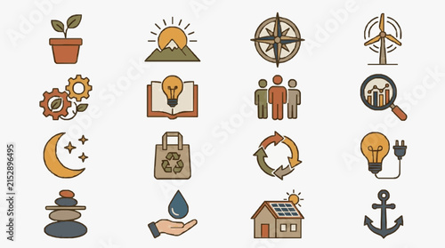 Dynamic Colorful Illustrated Icons Set Featuring Sustainability Energy Nature and Community Concepts