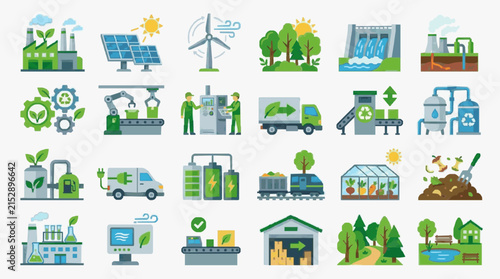 Minimalist Colorful Illustrated Icons Set Featuring Sustainable Energy Recycling Green Tech and Eco Friendly Living