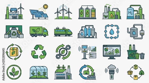 Creative Colorful Illustrated Icons Set Featuring Sustainable Energy Recycling Green Tech and Eco Friendly Concepts