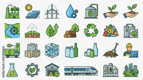 Corporate Set of 36 Colorful Icons Representing Sustainable Energy Recycling Green Technology and Urban Development