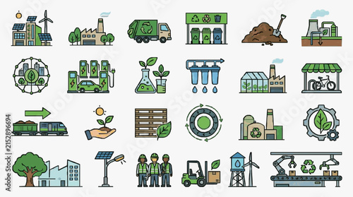 Industrial Sustainable Development Icons Set Green Energy Recycling Waste Management and Eco Friendly Manufacturing Illustrated