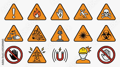 Modern Safety Warning Icons Collection Orange Triangles with Black and White Symbols Including Prohibited Actions with Red Circles