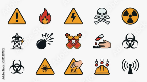 Minimalist Collection of 15 Vibrant Hazard and Biohazard Warning Icons with Bold Colors and Simple Designs