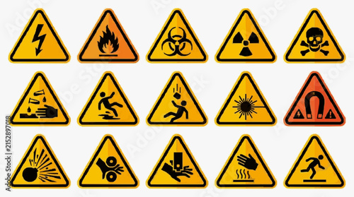 Creative Set of 15 Vibrant Yellow and Black Triangle Warning Signs with Hazard Icons for Safety and Alert Notices