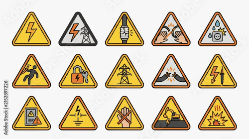 Modern Electrical Safety Warning Icons Set Vibrant Yellow Triangle Alert Symbols for Hazards Precautions and Danger