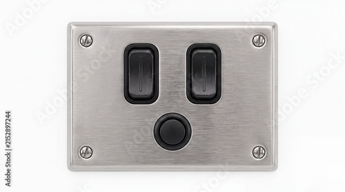 Modern brushed metal light switch plate featuring two black toggle buttons mounted on white background