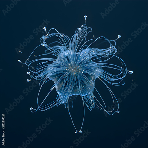 Abstract 3D data tracking visualization with liquid blue streams flowing from central node to multiple collector points on dark background, render, copy space, macro 85mm view