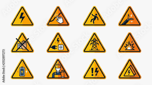 Modern Warning Icons Set Bright Yellow Triangle Safety Symbols with Electrical Hazard and Caution Illustrations