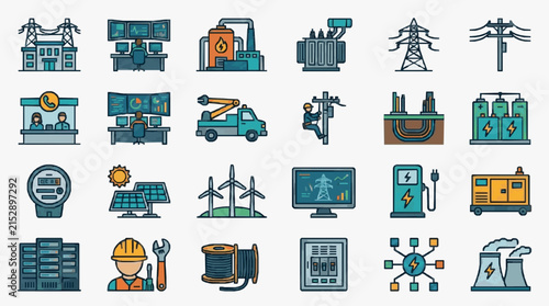 Corporate Set of Modern Energy and Utility Industry Icons with Blue and Orange Color Scheme with high quality professional line art symbols for modern creative design and digital branding projects