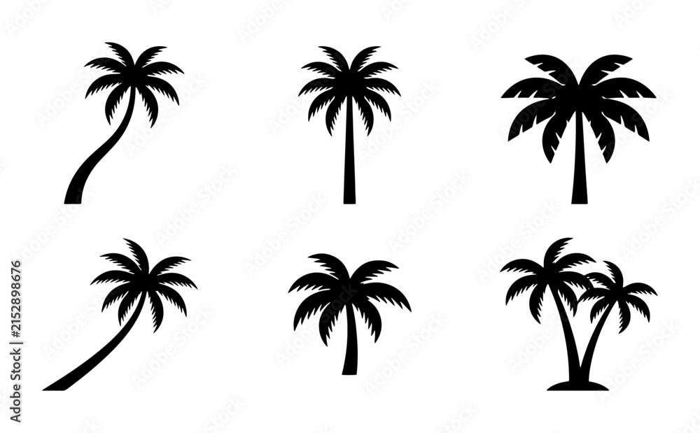 Naklejka premium 70 Set of Diverse Palm Tree Silhouettes, Tropical Vector Icons for Summer and Vacation Designs, Black and White Botanical Elements 100