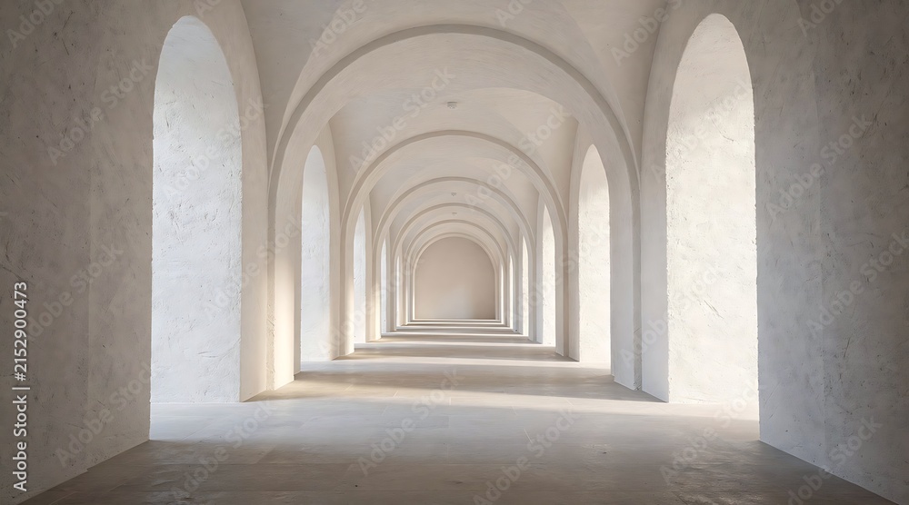 Fototapeta premium Minimalist Arched Monastery Hallway with Textured Plaster Walls