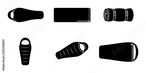 70 Camping Sleeping Bag Icons, Outdoor Gear Silhouettes, Backpacking Equipment Set, Travel Bedding Vector Graphics 100