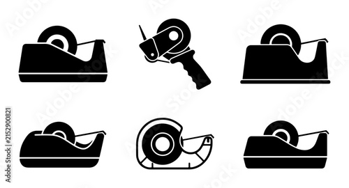 70 Set of six adhesive tape dispenser icons, office supplies, packaging tools, stationery, black and white vector graphics for business and crafting 100